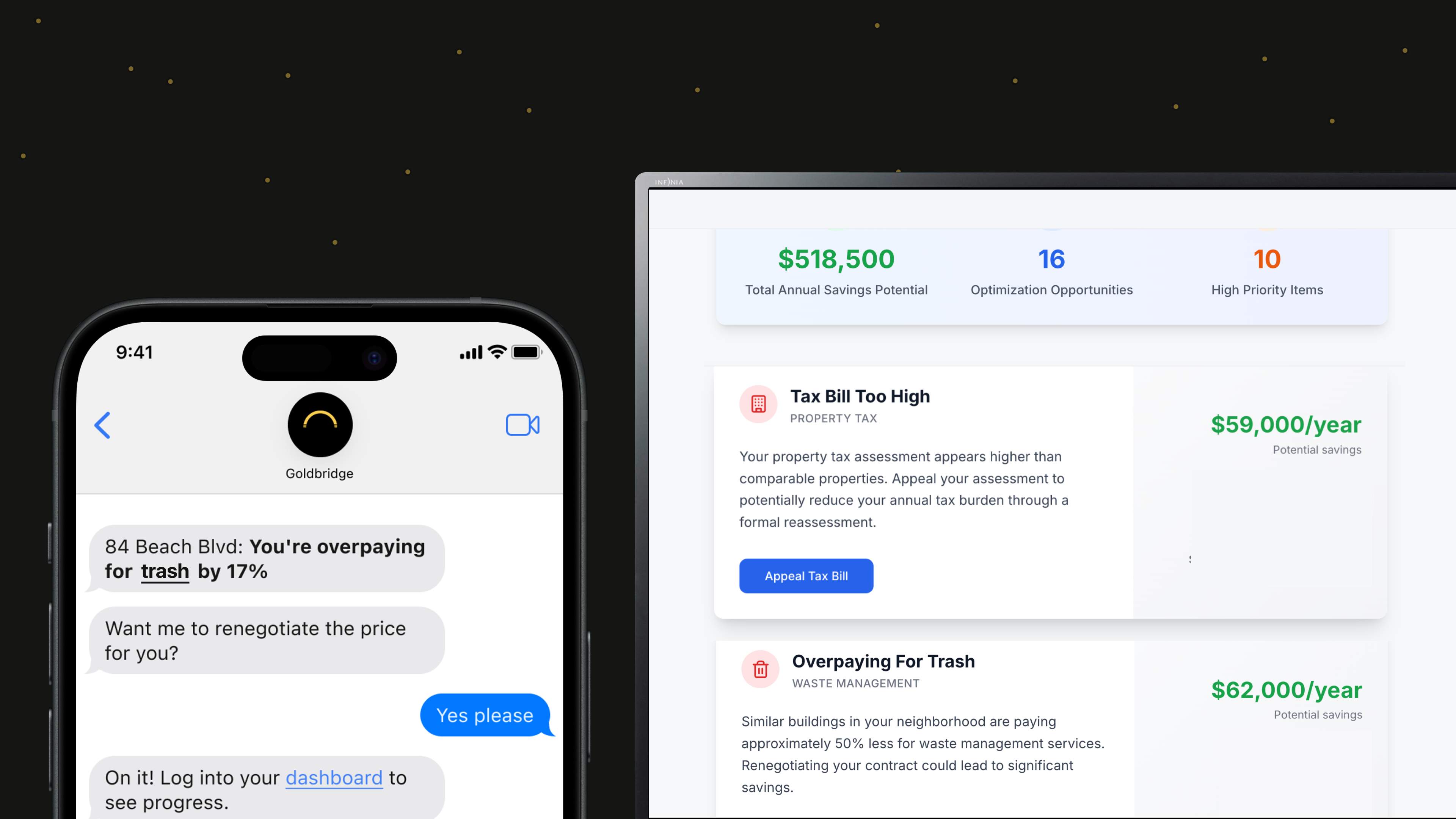 Goldbridge mobile and desktop interface showing savings opportunities